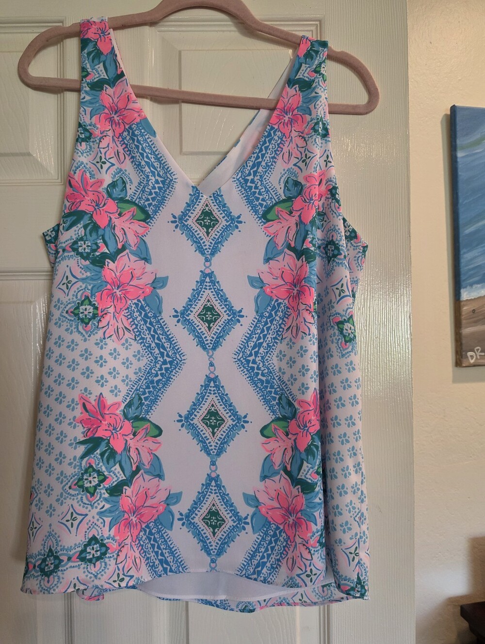 Lilly Pulitzer Euc L Floral Print Florin V-Neck Sleeveless Top in Pink & Teal
